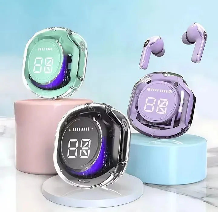 Bluetooth-Compatible Noise Canceling Translucent Earphones with Digital Display Charging Case Small Ear Buds for Sports Working
