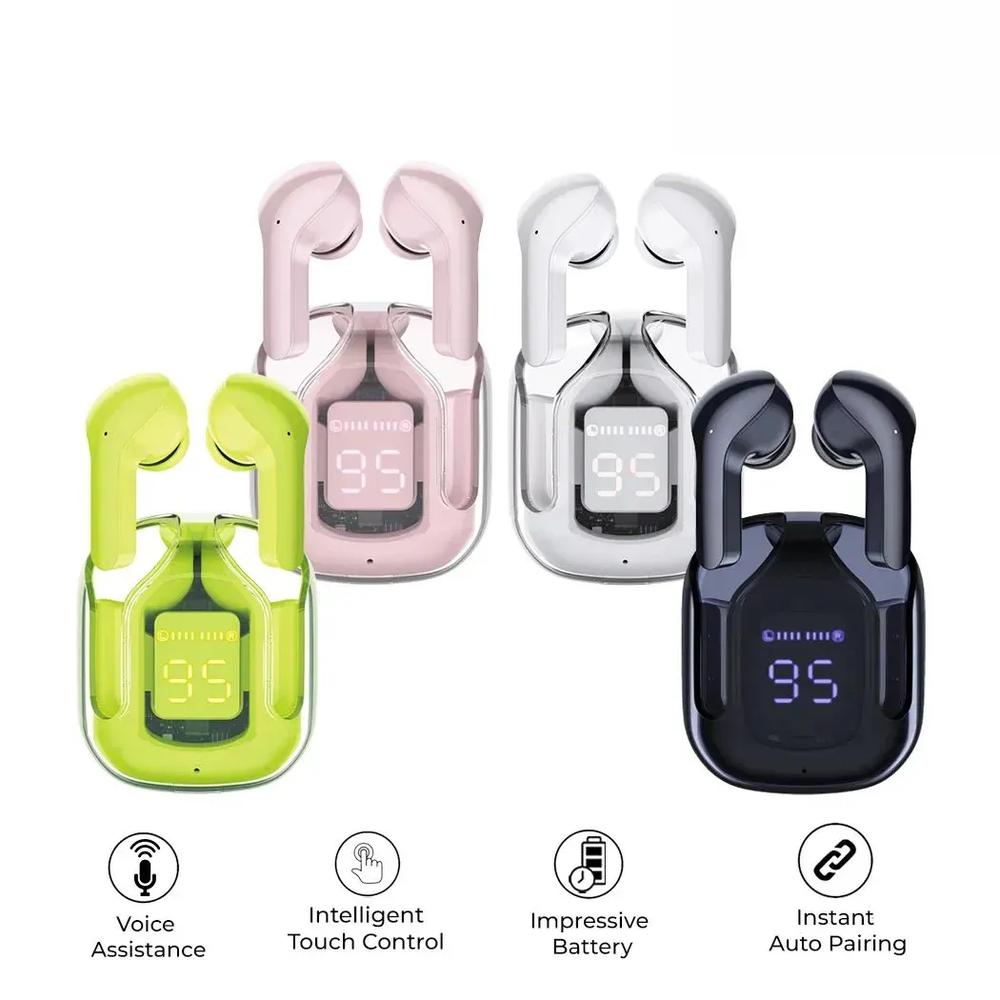 Bluetooth-Compatible Noise Canceling Translucent Earphones with Digital Display Charging Case Small Ear Buds for Sports Working